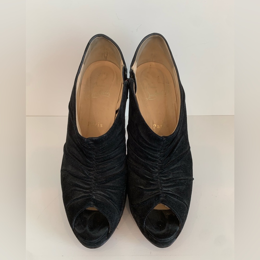 Christian Louboutin Platform Open Toe Bootie Heel Black Suede SZ 38